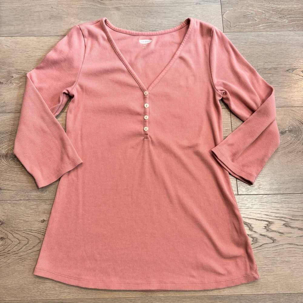 Old Navy Ribbed Knit Mini Dress 3/4 Sleeve Button Front Casual Pink Small‎ S